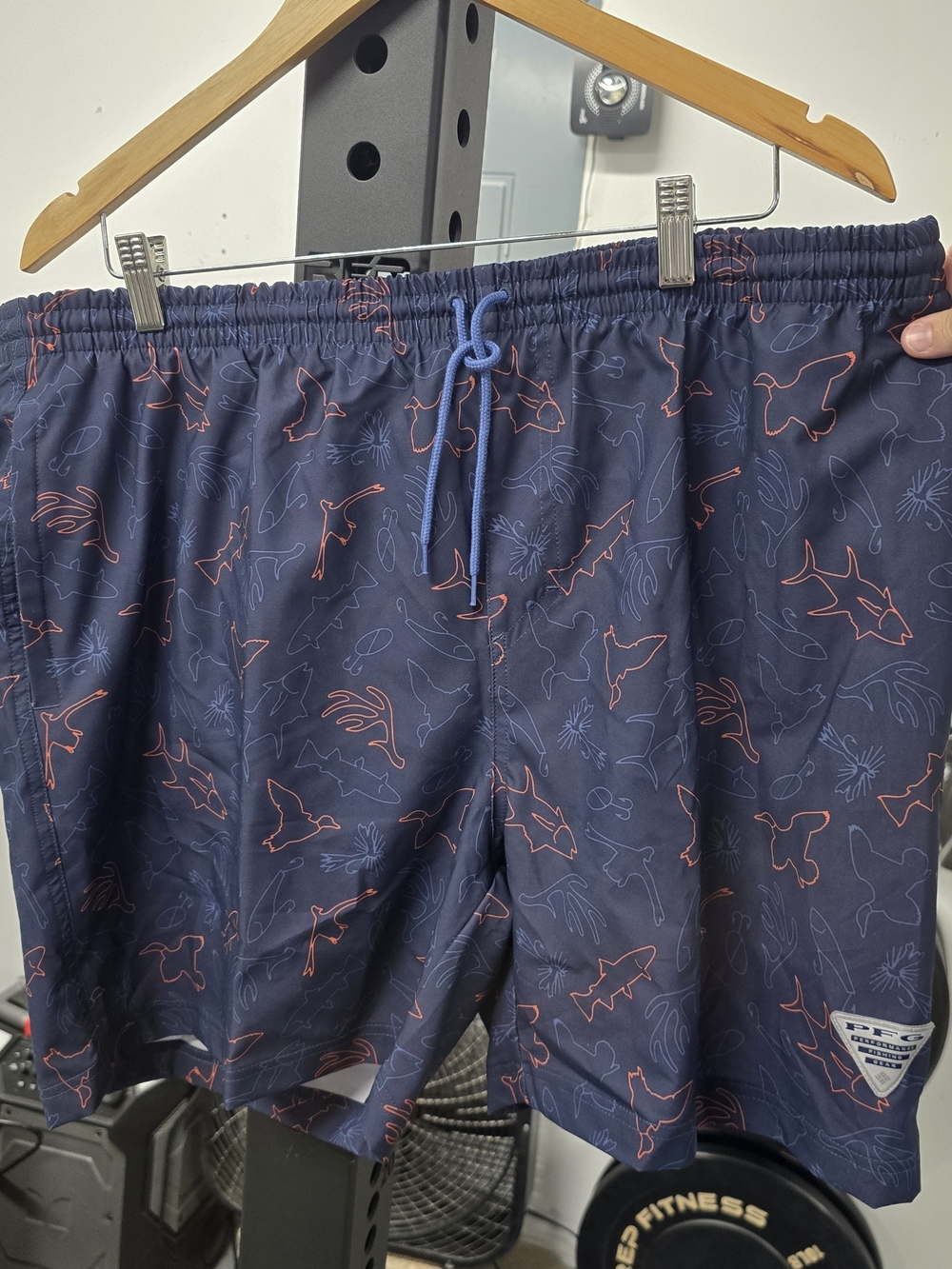 Columbia Navy Blue Swim Trunks with Red Outline Fish Print
